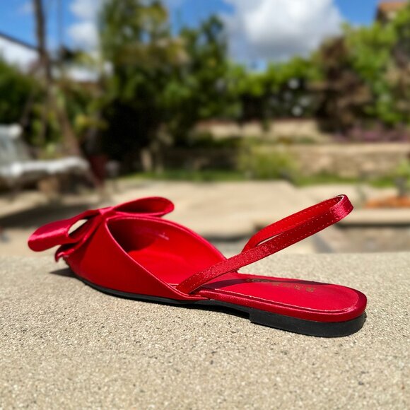 New Red Satin Oversized Bow Ballet Flat Mules Pointed Toe Slingback Slip-On Shoe - Picture 4 of 5
